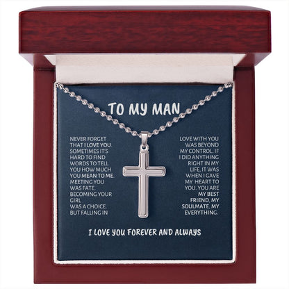 To My Man Stainless Cross Ball Chain Necklace Deep Blue