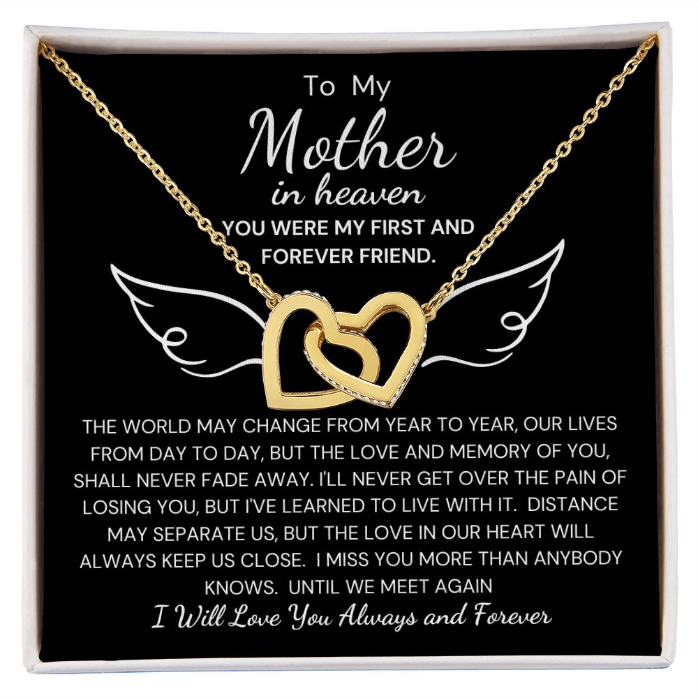 To My Mother In Heaven Interlocking Heart Necklace Black Background