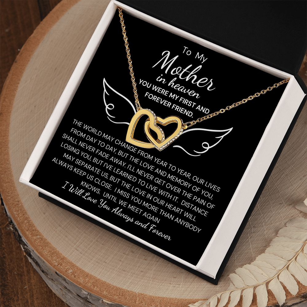 To My Mother In Heaven Interlocking Heart Necklace Black Background