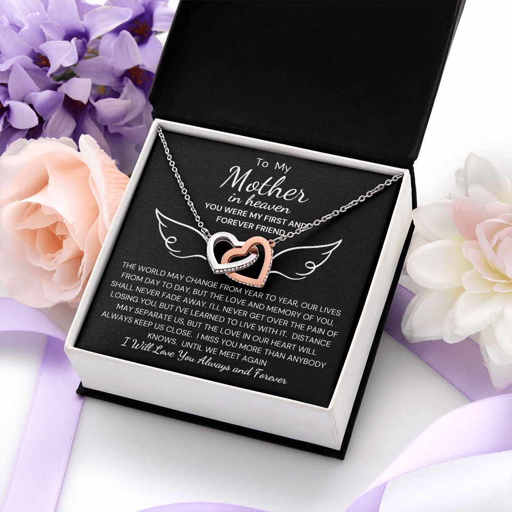 To My Mother In Heaven Interlocking Heart Necklace Black Background