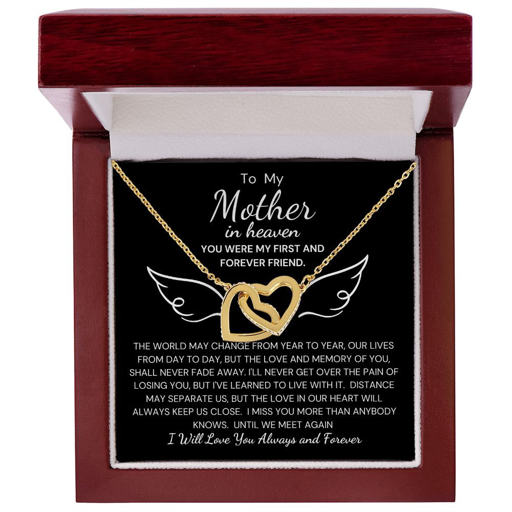 To My Mother In Heaven Interlocking Heart Necklace Black Background