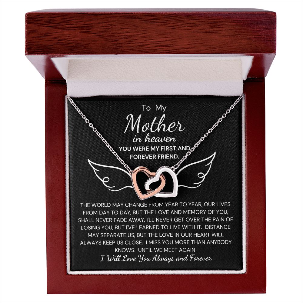 To My Mother In Heaven Interlocking Heart Necklace Black Background